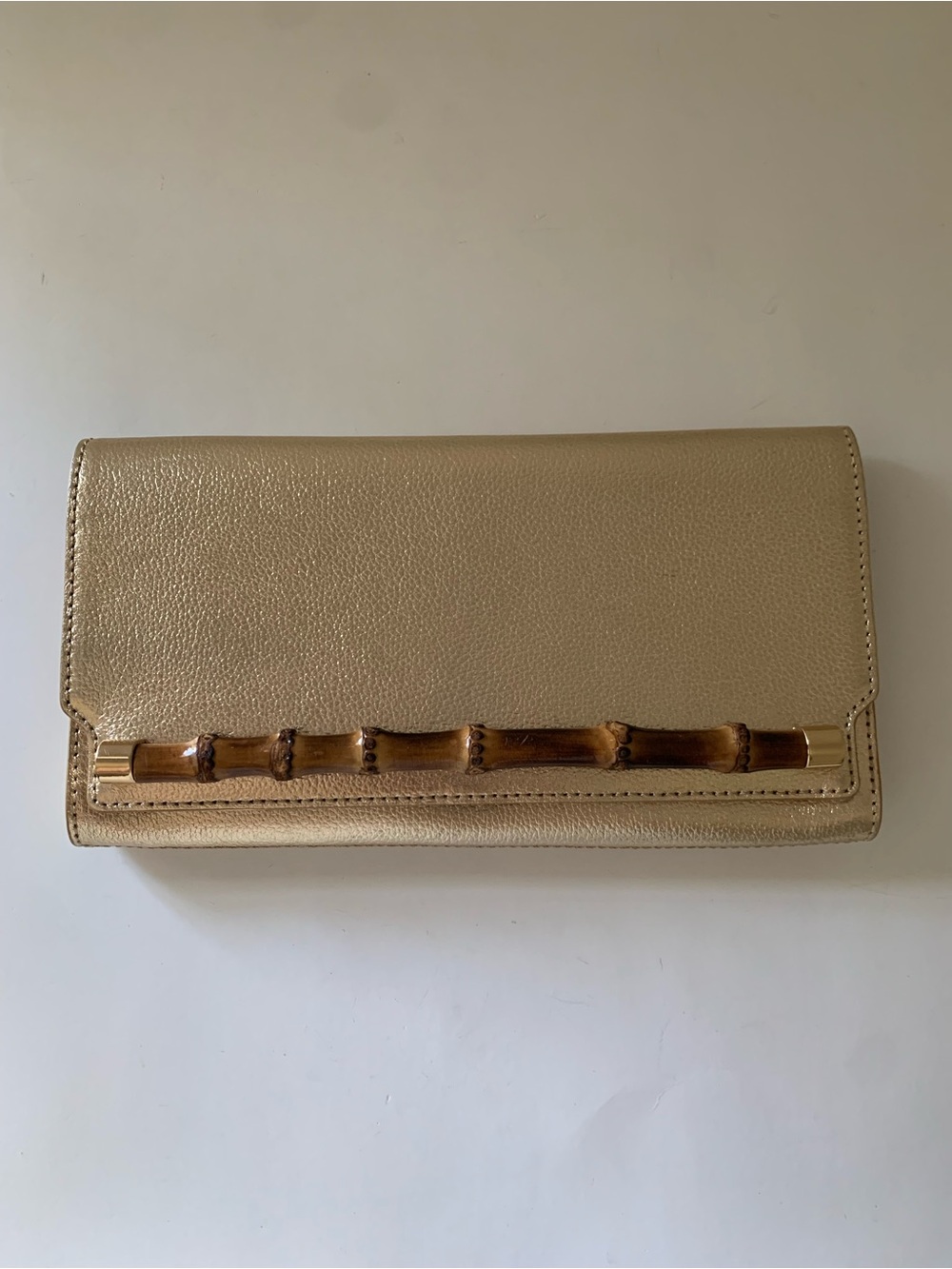 Lilly Pulitzer Metallic Gold Leather Bamboo Clutch, Fold Over, Bamboo Detail